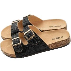 NWT Black Glitter Sandals W Double Buckle